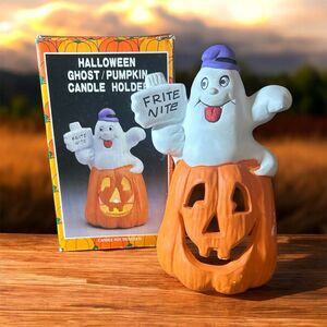 Vintage Kmart Ghost Jack-O-Lantern Tea Light Holder 7” Original Box 1980’s